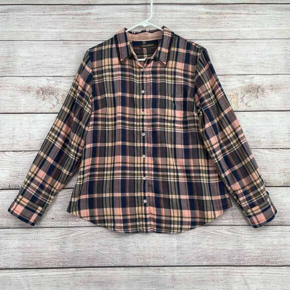 Tommy Bahama Beaded Collar Plaid Button Down Shirt Women's Size‎ L Pink/Blue - Picture 1 of 9